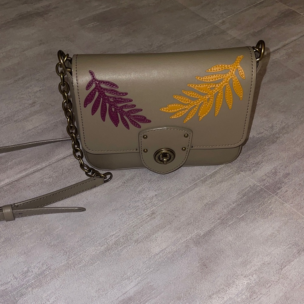 Ralph Lauren Millbrook Gray Leaves Chain Cow Leather Small Crossbody Bag Purse